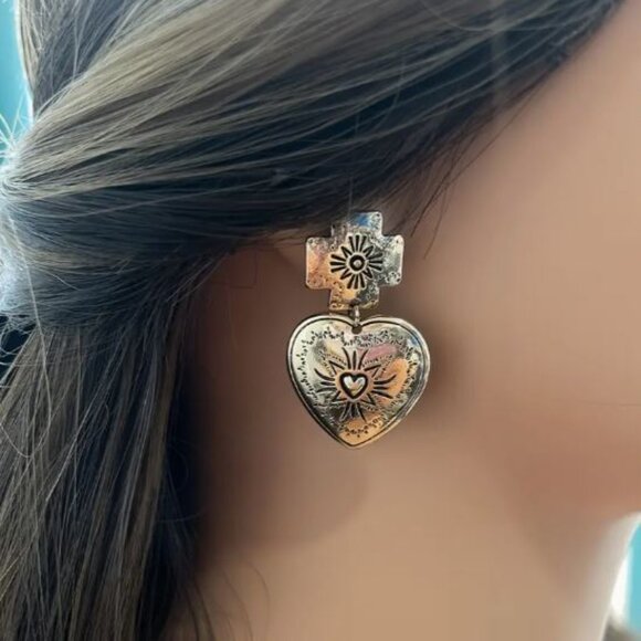 Private Label Jewelry - NEW Romantic Retro Punk Gold Heart Cross Chunky Drop Earrings